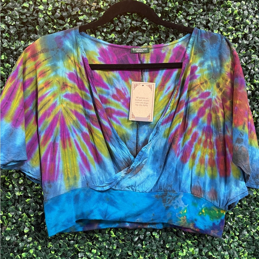 Kathmandu Tie-Dye Crop Top - Multicolor V-neck Festival